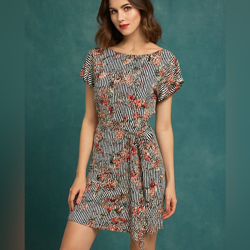 ECI New York Multicolor Faux Wrap Dress Stretch Floral Career Party Retro Size L